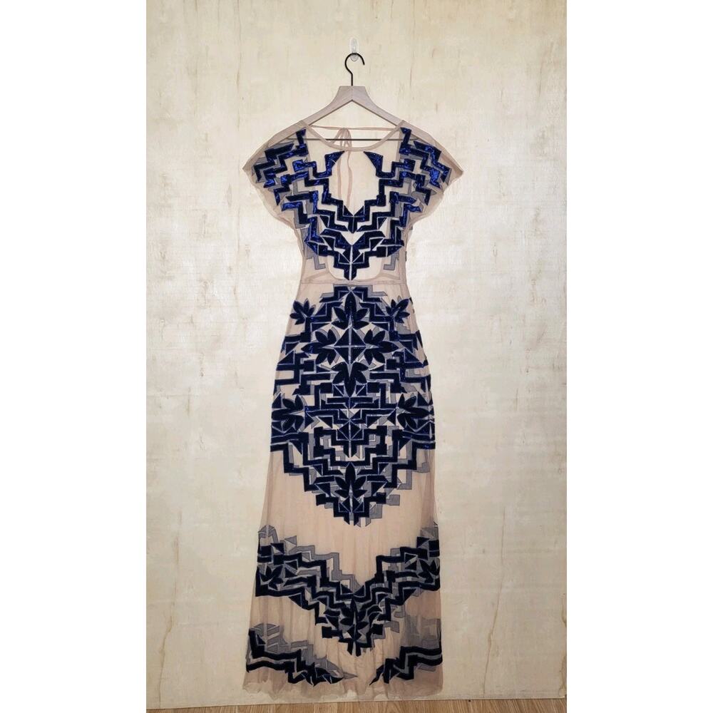 Size:S For Love & Lemons Vienna Maxi Dress Velvet Sheer and Royal Blue Rare